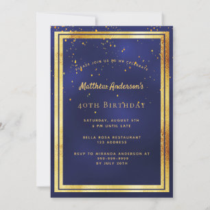 40th birthday party blue gold confetti sprinkle invitation