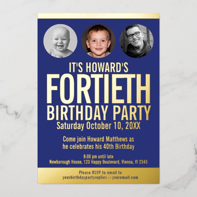 40th Birthday party blue gold foil photo circles (Front)