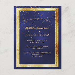 40th birthday party blue gold shiny invitation postcard