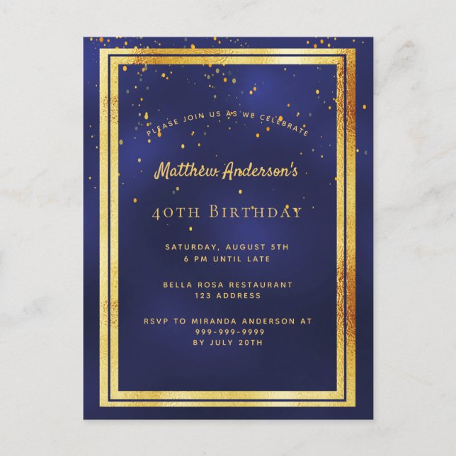 40th birthday party blue gold shiny invitation postcard (Front)