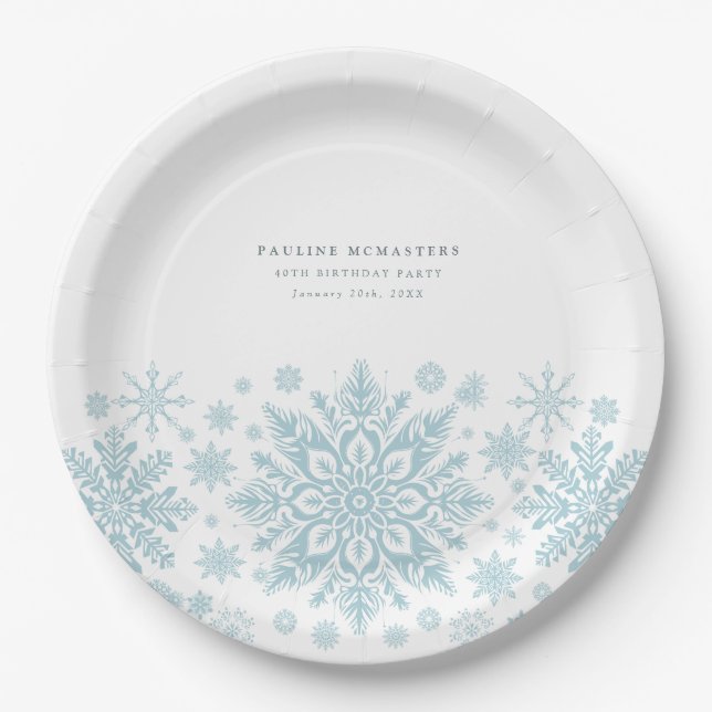 40th Birthday Party Blue White Snowflake Custom Paper Plate (Front)