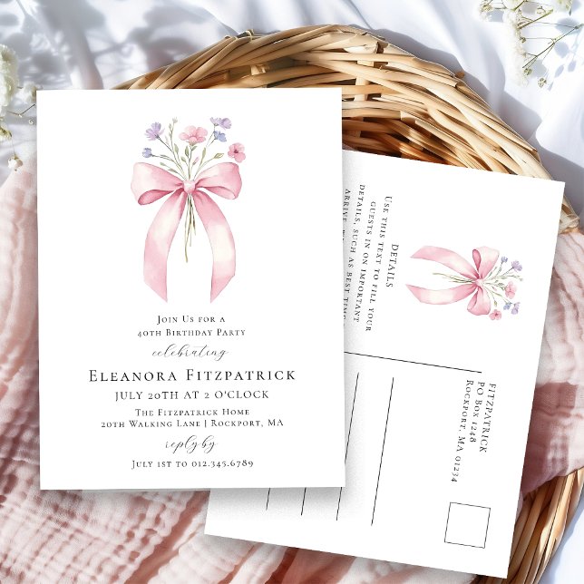 40th Birthday Party Blush Pink Bow Wildflower Invitation Postcard (Creator Uploaded)