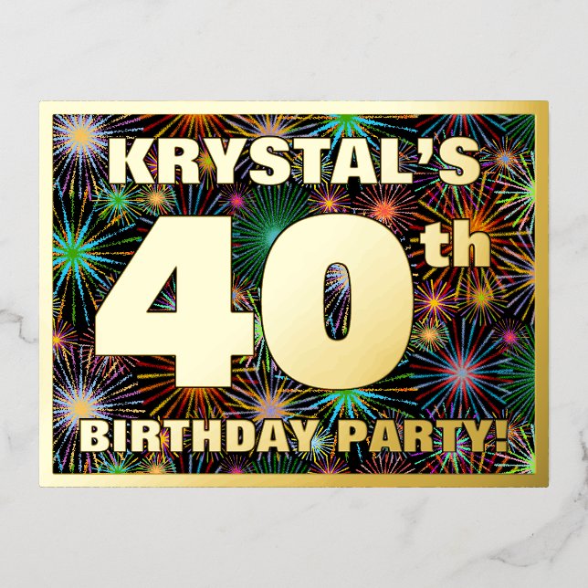 40th Birthday Party: Bold, Colourful Fireworks Loo Foil Invitation Postcard (Front)