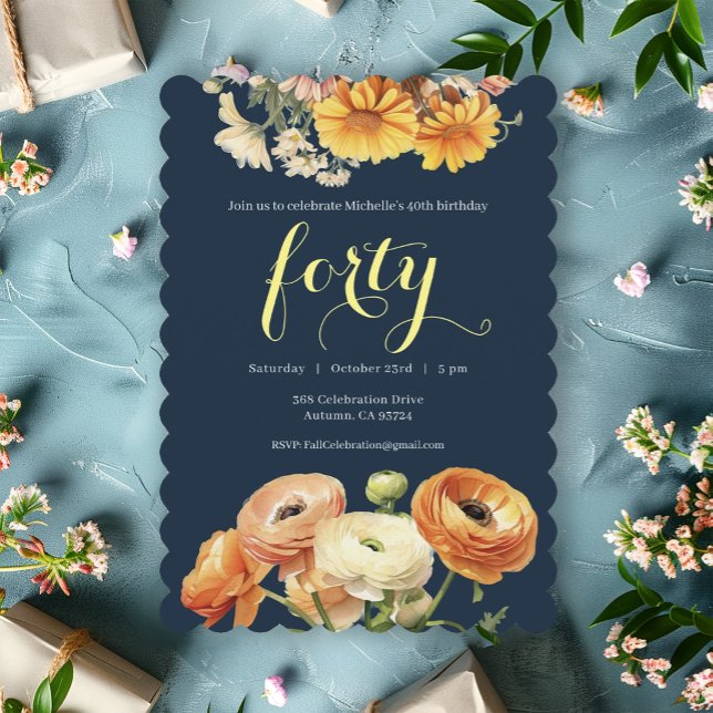 40th Birthday Party Botanical Orange Flowers Invitation (Creator Uploaded)