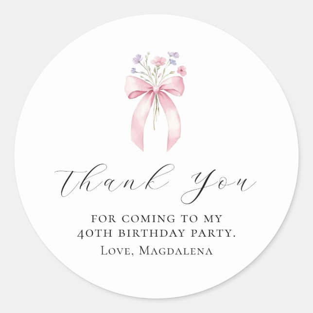 40th Birthday Party Bow Custom Thank You Favour Classic Round Sticker (Front)