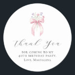40th Birthday Party Bow Custom Thank You Favour Classic Round Sticker<br><div class="desc">Thank your guests for coming to your birthday party with this personalised thank you favour sticker.  It features a blush pink coquette bow accented with pink and blue wildflowers. Thank you is written in a lovely open script. Three lines let you customise your appreciation. All text is editable.</div>