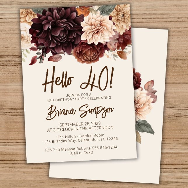 40th Birthday Party Brown Beige Ivory Flowers Invitation (Creator Uploaded)
