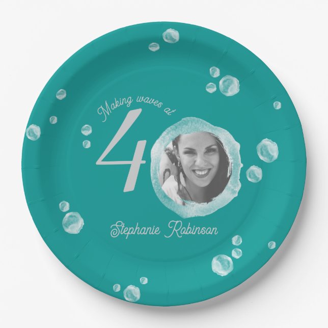 40th Birthday Party Bubble Dark Teal  Paper Plate (Front)