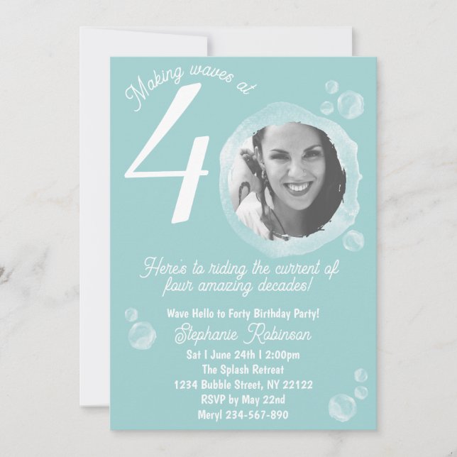 40th Birthday Party Bubble Muted Teal Invitation (Front)