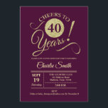 40th Birthday Party - Burgundy Gold Invitation<br><div class="desc">40th Birthday Party Invitation in dark burgundy maroon with faux glitter gold pattern. Features trendy typography script font. Simple modern design,  perfect for an elegant party. Cheers to 40 years! Can be personalized into any age! Please message me if you need further customization.</div>