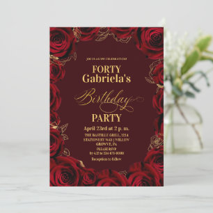  40th Birthday Party Burgundy Red Gold Floral Invitation