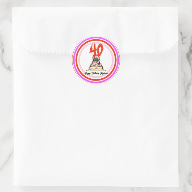 40th Birthday Party Cake on Fire Personalised  Classic Round Sticker (Bag)