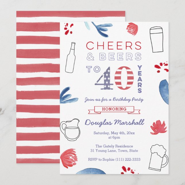 40th Birthday Party, Cheers and Beers Invitation (Front/Back)