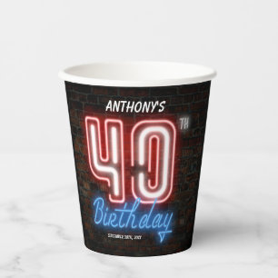 40th Birthday Party Cool Glowing Neon Sign Custom Paper Cups