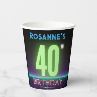 40th Birthday Party Cool Glowing Neon Sign Custom  Paper Cups