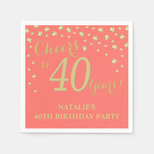 40th Birthday Party Coral and Gold Diamond Napkin