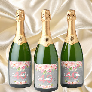 40th birthday party coral dahlia flowers grey sparkling wine label