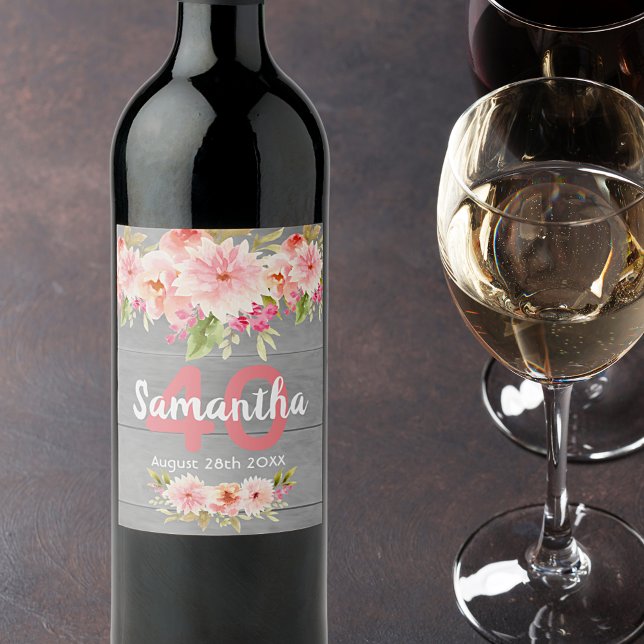 40th birthday party coral dahlia flowers grey wine label (Creator Uploaded)
