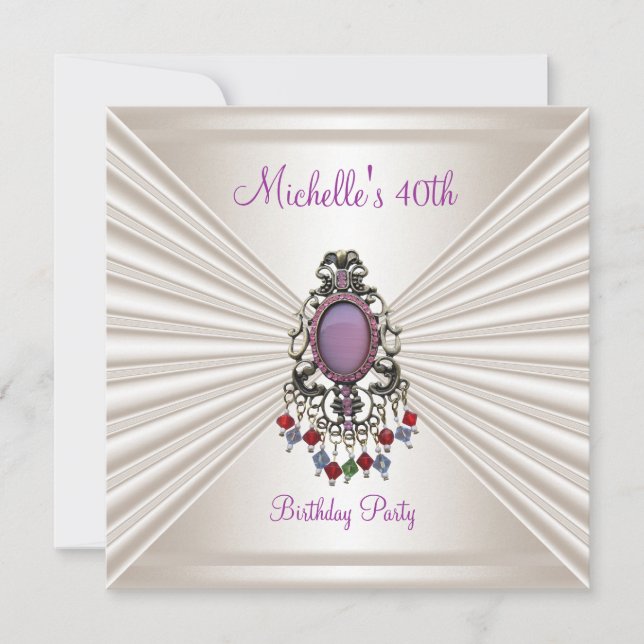 40th Birthday Party Cream Silk Mauve Bead Invitation (Front)