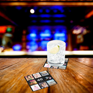 40th birthday party custom photo collage black square paper coaster