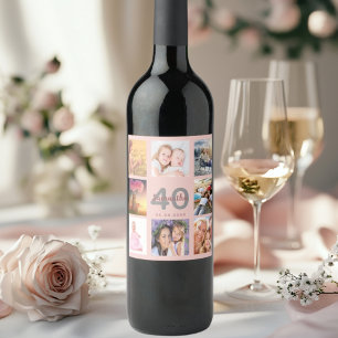 40th birthday party custom photo collage rose gold wine label