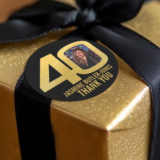 40th birthday party custom photo gold favour classic round sticker (Creator Uploaded)