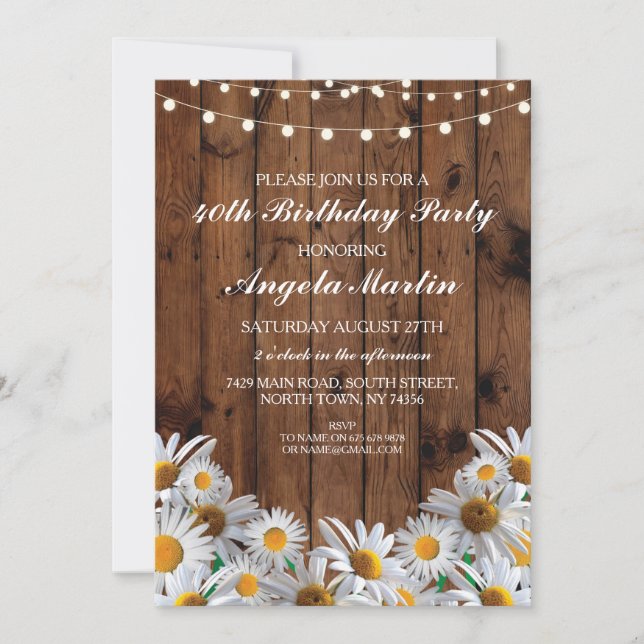 40th Birthday Party Daisy Wood Lights Invite 50 60 (Front)