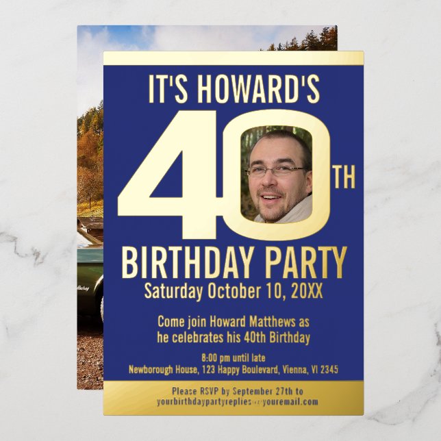 40th Birthday party dark blue gold foil photo (Front/Back)