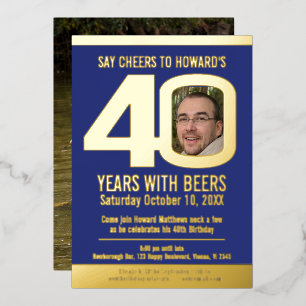40th Birthday party dark blue gold foil photo beer