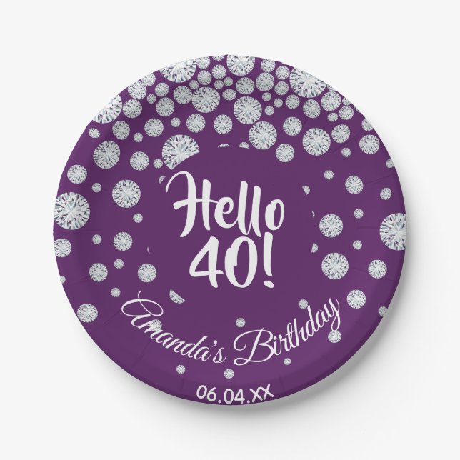 40th birthday party diamonds on purple hello 40 paper plate (Front)