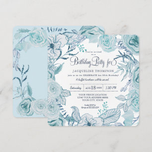40th Birthday Party Dusty Blue Watercolor Floral Invitation