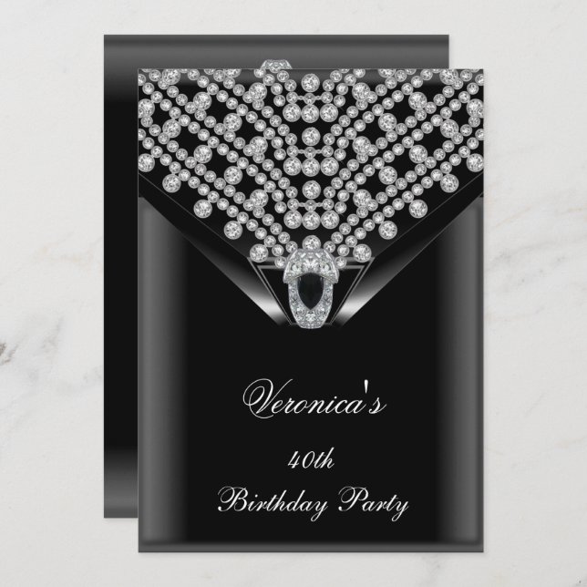 40th Birthday Party Elegant Black Diamonds 2 Invitation (Front/Back)