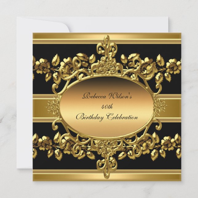 40th Birthday Party Elegant Gold Black Floral Invitation (Front)