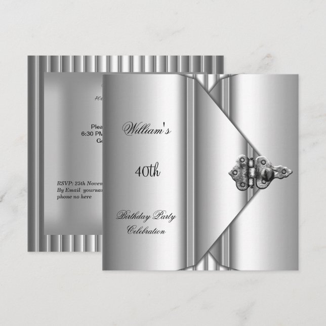 40th Birthday Party Elegant Mens Silver Grey Invitation (Front/Back)