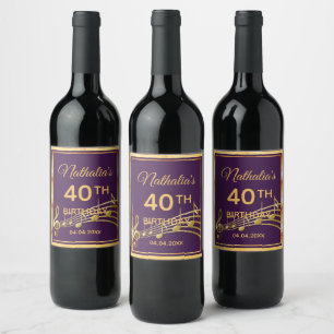 40th birthday party elegant purple and gold music wine label