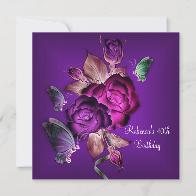 40th Birthday Party Elegant Purple Pink Roses 2 Invitation (Front)