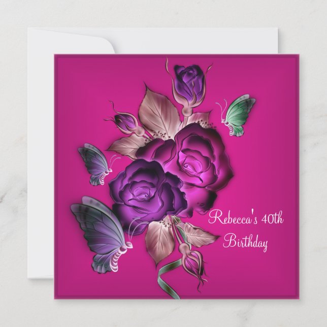 40th Birthday Party Elegant Purple Pink Roses 3 Invitation (Front)