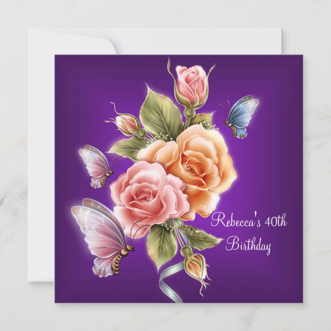 40th Birthday Party Elegant Purple Pink Roses Invitation (Front)