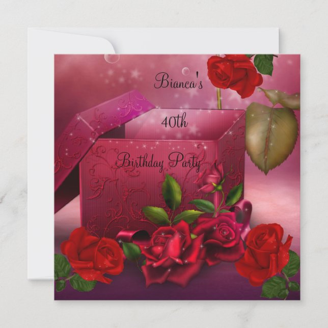 40th Birthday Party Elegant Red Rose Gift Box Invitation (Front)