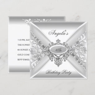 40th Birthday Party Elegant Silver White Jewel Invitation