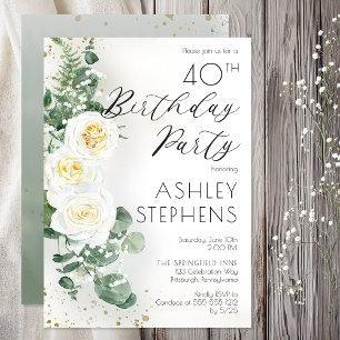 40th Birthday Party Elegant White Rose Eucalyptus  Invitation