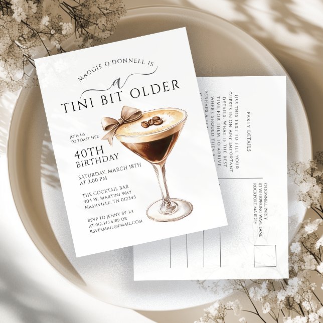 40th Birthday Party Espresso Martini Bow Beans Invitation Postcard (Creator Uploaded)