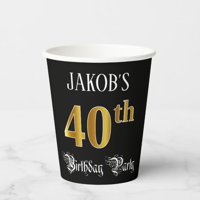 40th Birthday Party — Fancy Script, Faux Gold Look Paper Cups (Front)