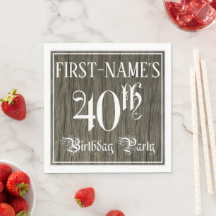 40th Birthday Party — Fancy Script, Faux Wood Look Napkin