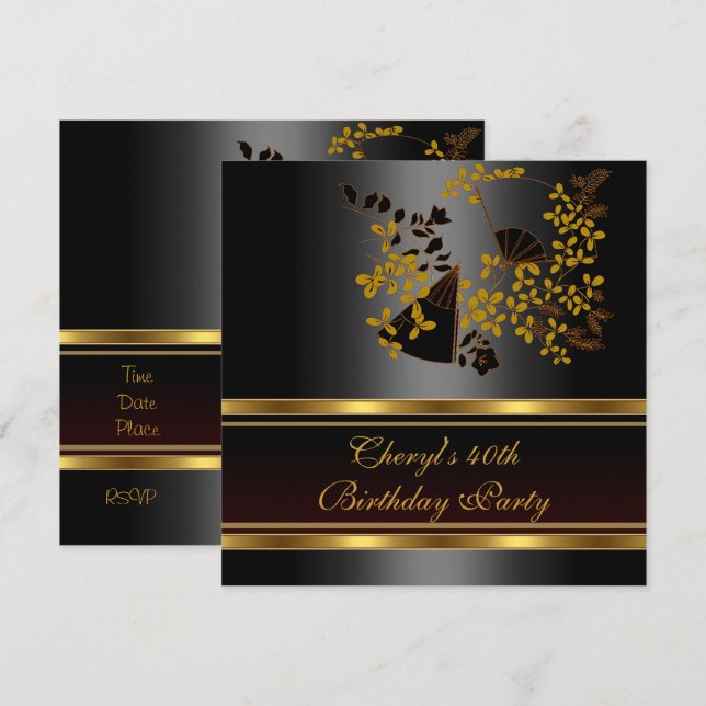40th Birthday Party Floral Black Gold pattern Invitation (Front/Back)