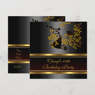 40th Birthday Party Floral Black Gold pattern Invitation