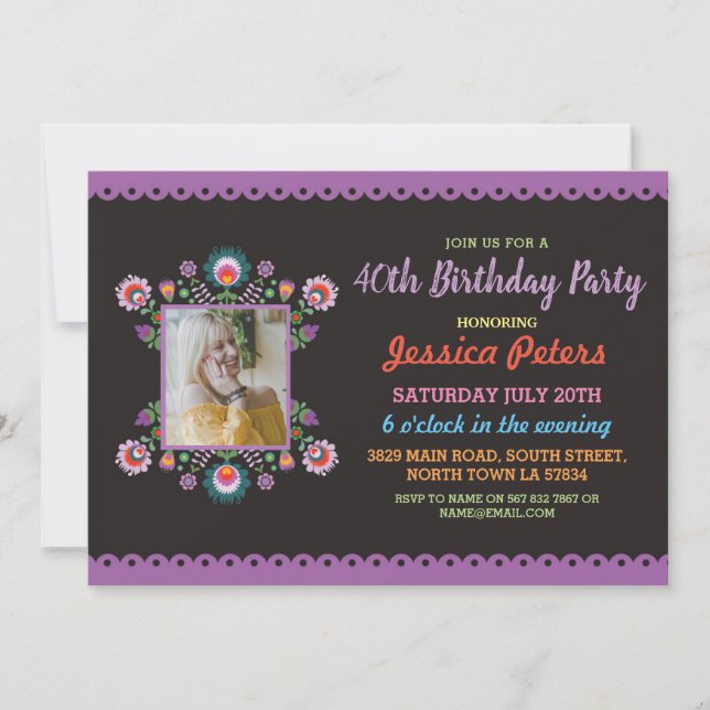 40th Birthday Party Floral Fiesta Mexican Photo Invitation (Front)