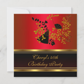 40th Birthday Party Floral Red Black Gold pattern Invitation