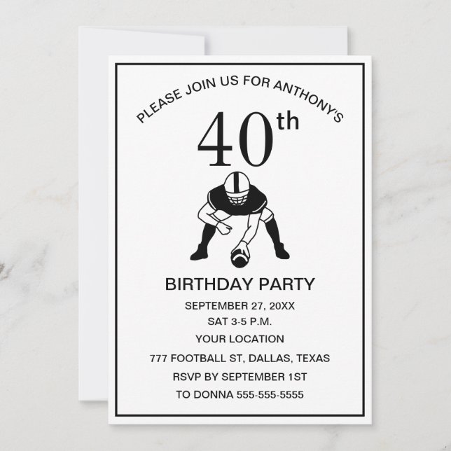 40th Birthday Party Football Black Dad Sport Invitation (Front)