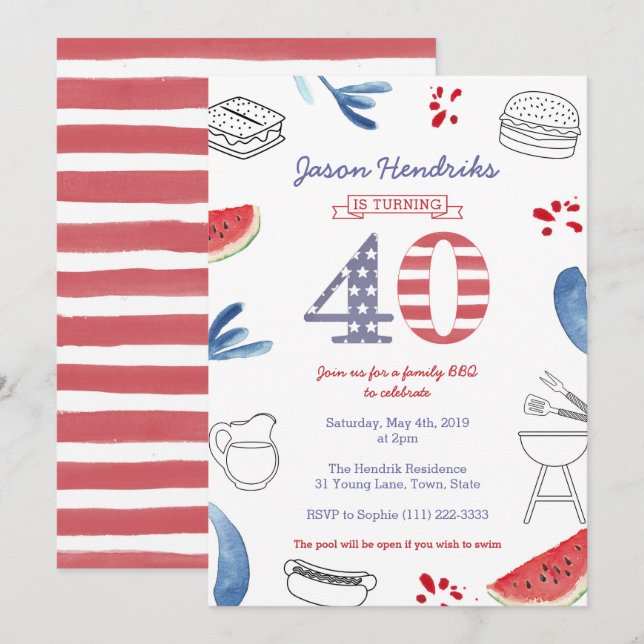 40th Birthday Party for Family BBQ for 4th July Invitation (Front/Back)